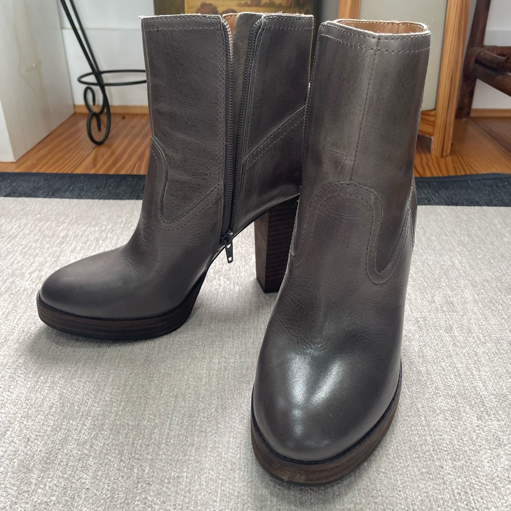 NWOB Lucky Brand grey, heeled booties. Size 7 from a smoke free, pet free home.